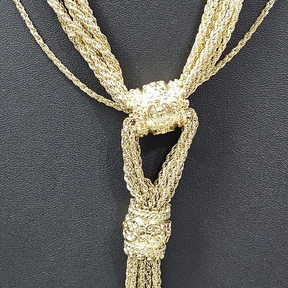 VTG Tassel Necklace Multi Strand Gold Tone Lariat Ornate Elegant Rope Chain - Picture 2 of 4
